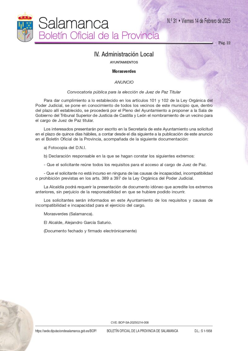CONVOCATORIA PUBLICA PARA LA ELECCIÓN DE JUEZ DE PAZ TITULAR